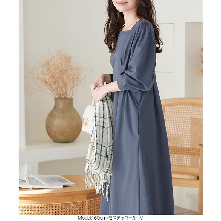 裏微起毛 ] スクエアネックウエストタックポンチワンピース［E3344