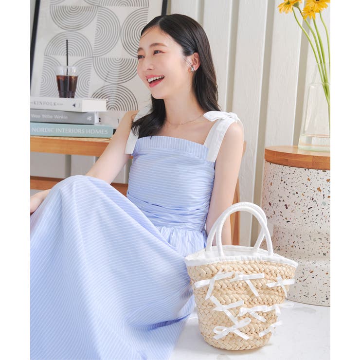 サックス×オフ | ショルダーリボンストライプワンピース［E3411］ | KOBE LETTUCE