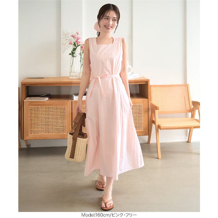 [新品未使用]カシュクールロングワンピースrose pinkベルトつき シュシュ付き スクエアネックロングワンピースセット ワンピース