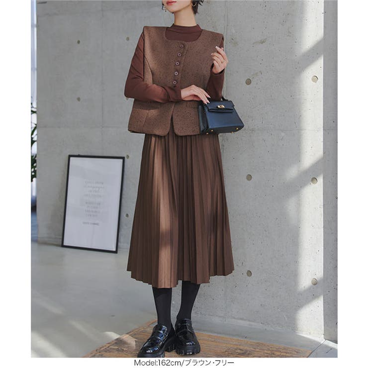 あったかプリーツロングワンピース＆ツイードベスト 2点セット 2点セット | KOBE LETTUCE | 詳細画像3 