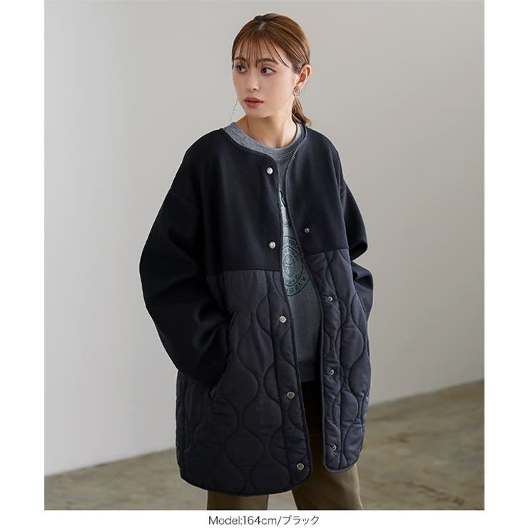 【5％OFF】 フェイクウール×中綿キルティングノーカラーコート［K1146 ジャケット・アウター
