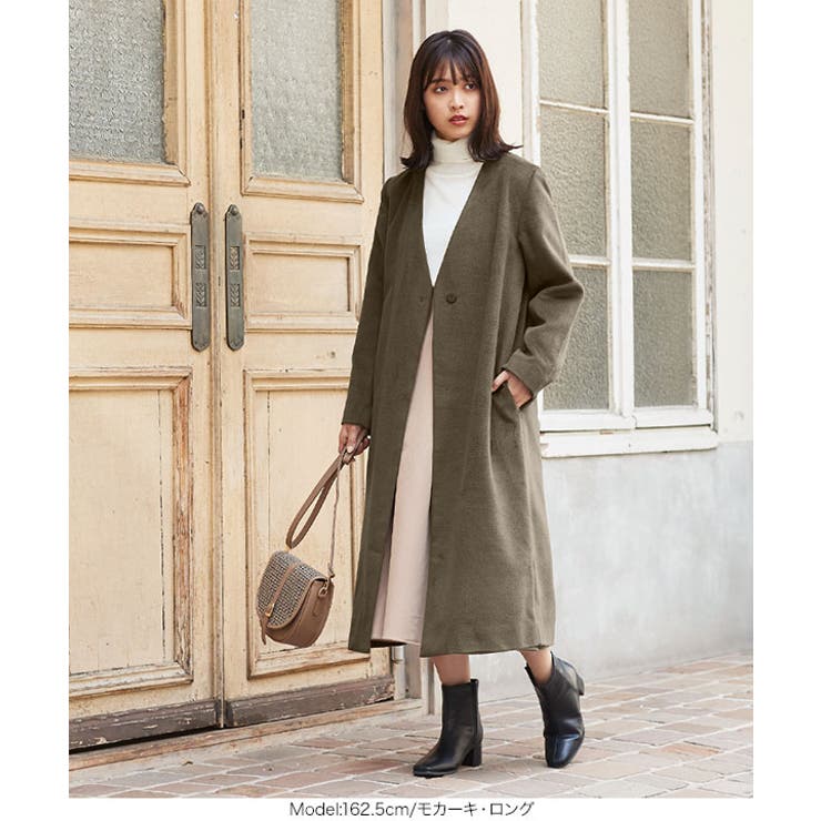 ロング/ミディアム］Vネックノーカラーコート［K841］[品番