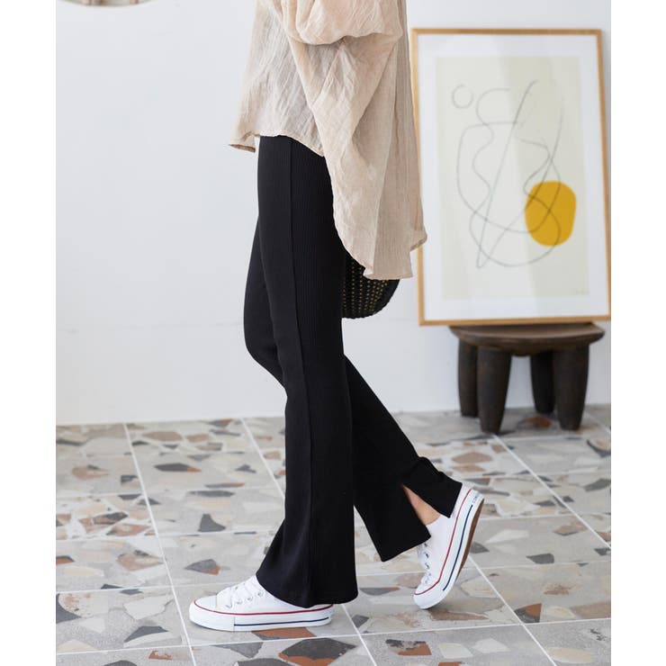 ブラック | 接触冷感 ひんやり フレアリブパンツ | KOBE LETTUCE