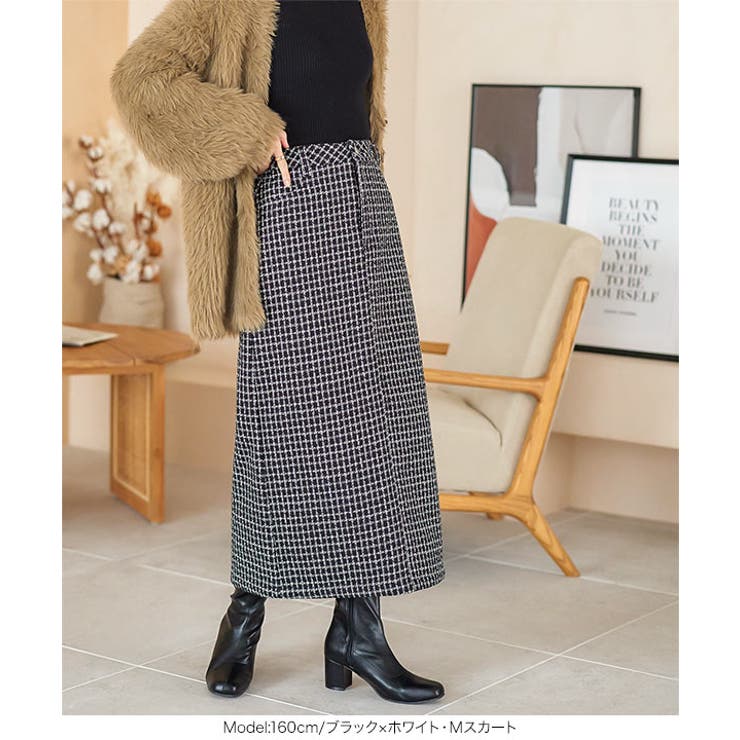 ブラック×ホワイト | [ 裏起毛 ] 防風裏ファーツイードパンツorスカート［M3973］ | KOBE LETTUCE