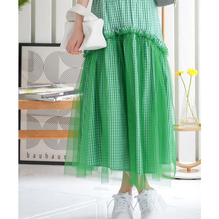 グリーン | ティアードチュールギンガムチェックマキシスカート［M4082］ | KOBE LETTUCE