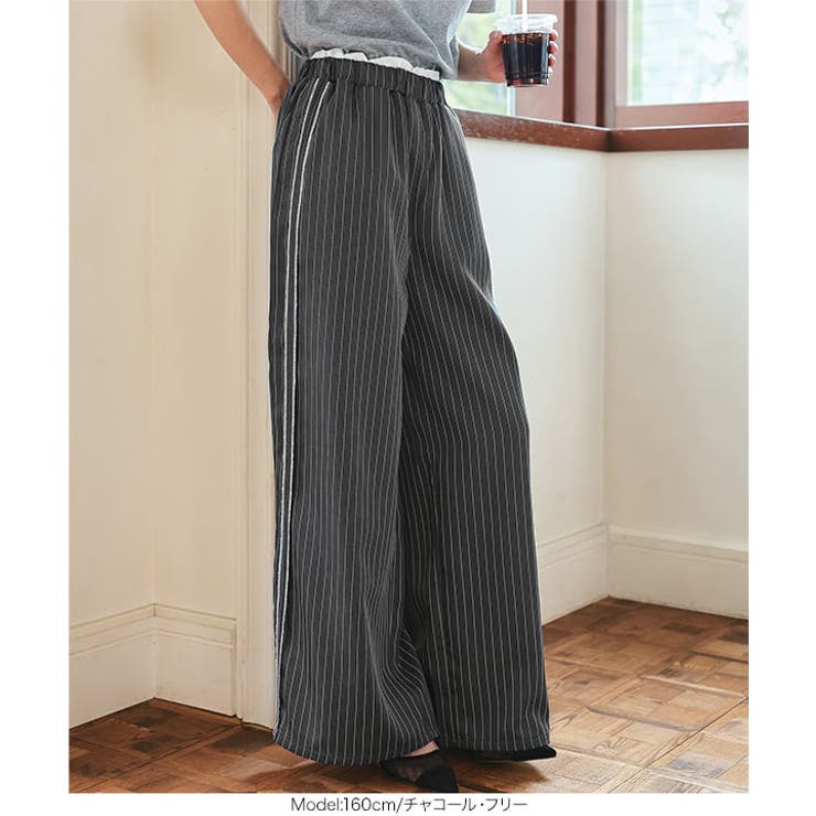 ダブルウエストストライプワイドパンツ［M4359］ ワイドパンツ