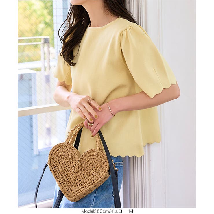 ルネRené◆お花ブローチ付きサマーニット◆パフスリーブ半袖 ルネRené◇お花ブローチ付きサマーニット◇パフスリーブ半袖