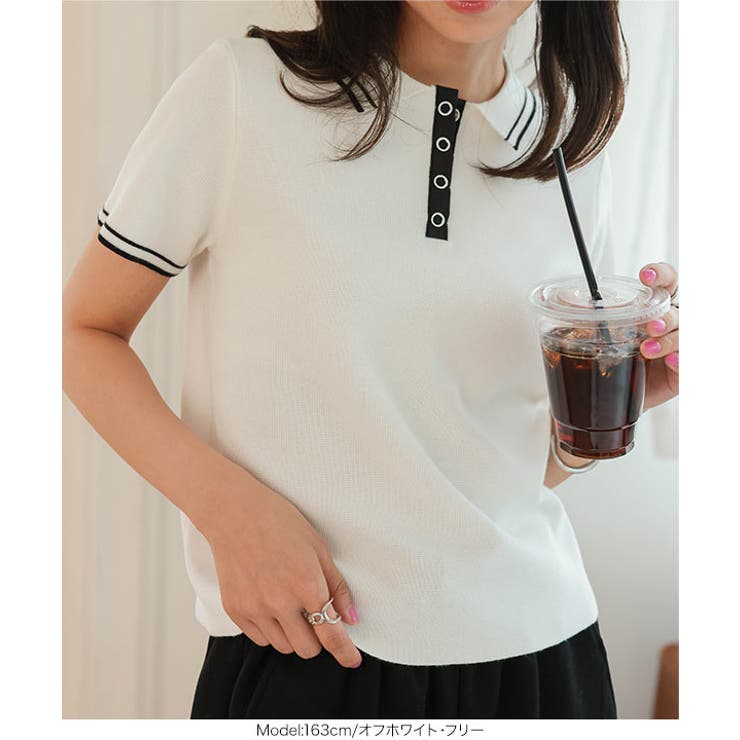 スナップボタンポロニットトップスポロ ポロニット トップス