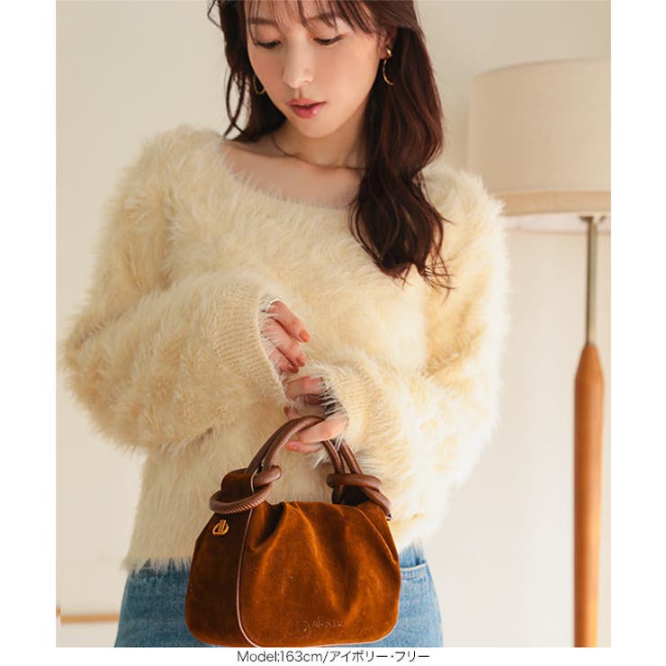 菱柄スクエアネックシャギーニットトップス［N1209］ アーガイル柄