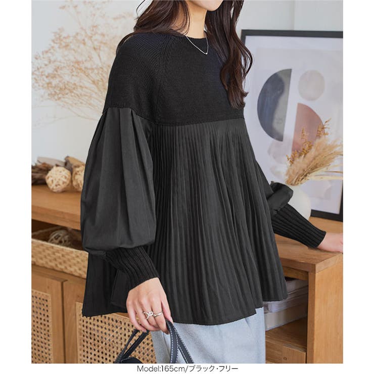 布帛プリーツドッキング丸首ニットプルオーバー［N1216］ プリーツ ドッキング | KOBE LETTUCE | 詳細画像3 