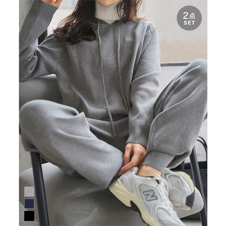 【12/26まで】MAHF コーデュロ セットアップ グレー ニットフーディジョガーパンツセットアップ ニット セットアップ[品番