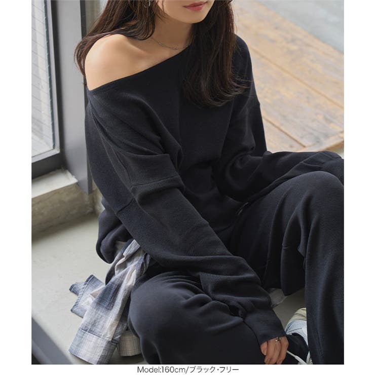 オフショルニットワイドパンツセットアップ ニット セットアップ[品番