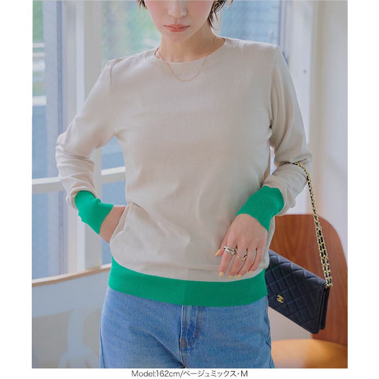 M L 丸首バイカラーニットトップス［N1258］ | KOBE LETTUCE | 詳細画像5 