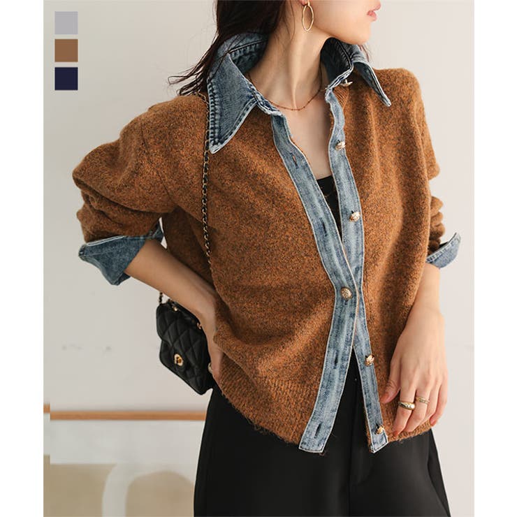 デニム襟ボタンニットカーデ デニム襟 ボタン | KOBE LETTUCE | 詳細画像1 