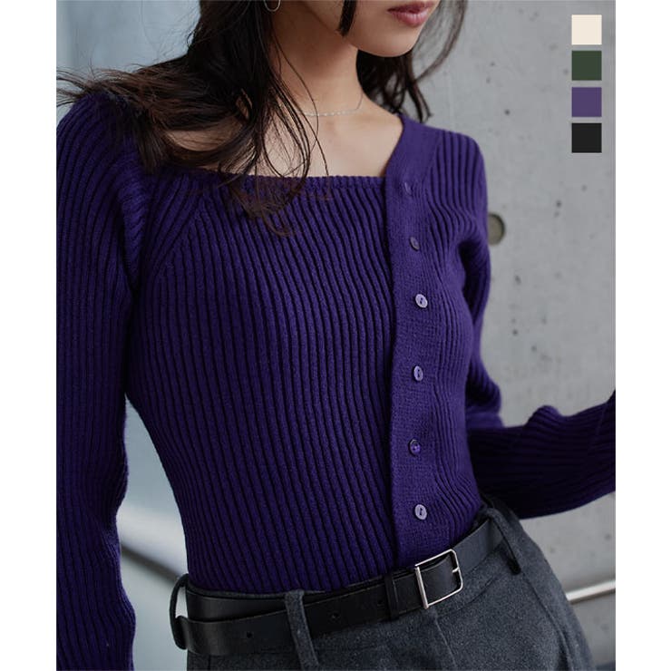 アシメネックボタンデザインリブニットトップス リブニット トップス | KOBE LETTUCE | 詳細画像1 