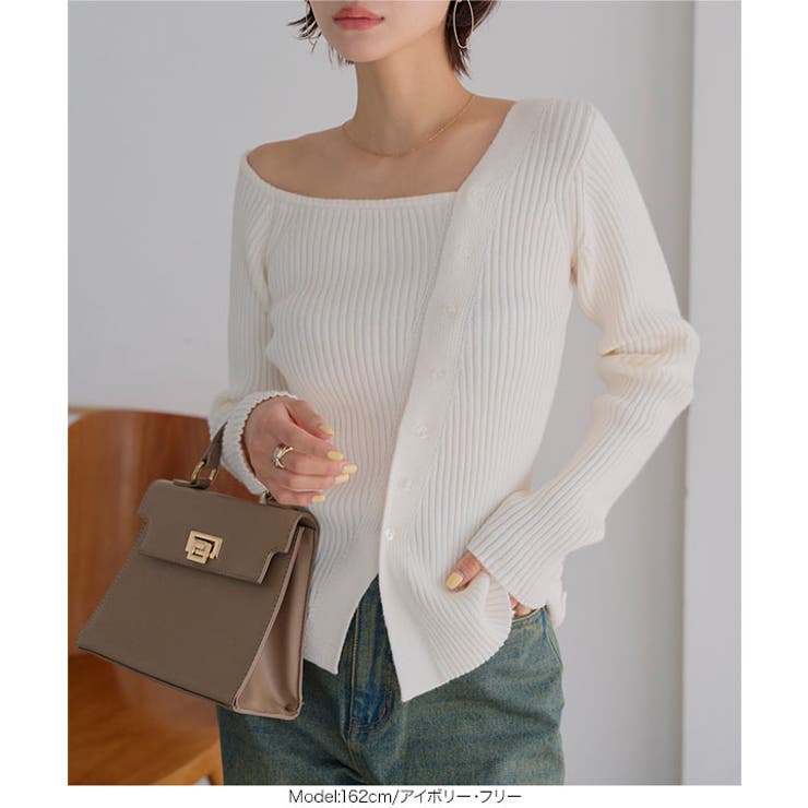 アシメネックボタンデザインリブニットトップス リブニット トップス | KOBE LETTUCE | 詳細画像3 