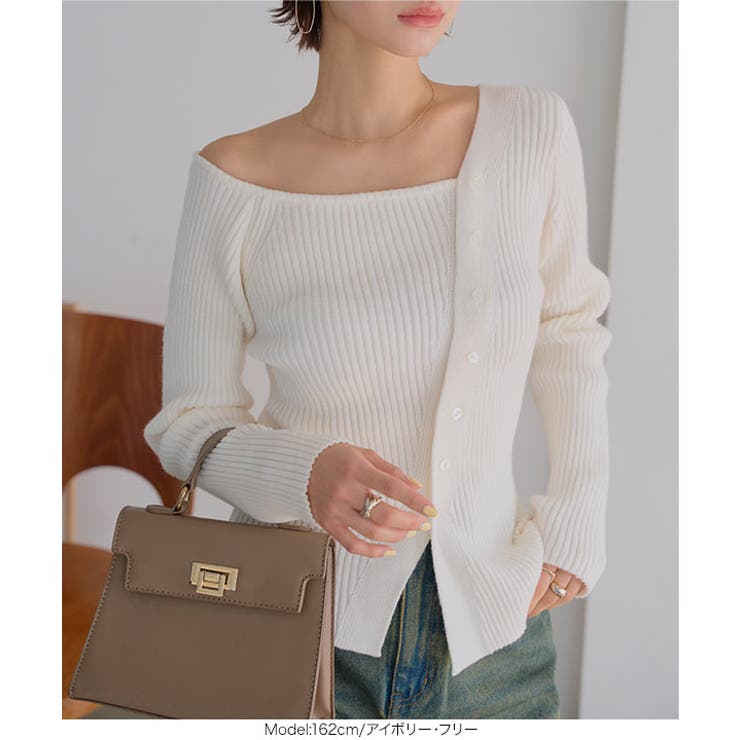 アシメネックボタンデザインリブニットトップス リブニット トップス | KOBE LETTUCE | 詳細画像4 