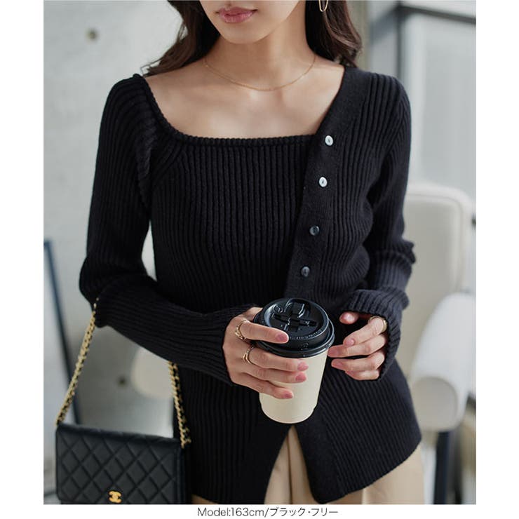 アシメネックボタンデザインリブニットトップス リブニット トップス | KOBE LETTUCE | 詳細画像7 