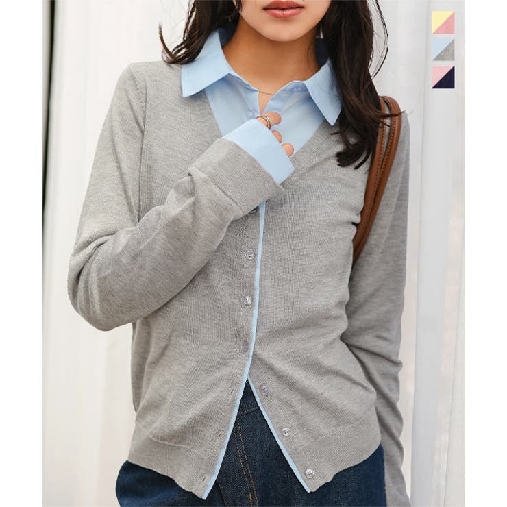 シャツレイヤード風ニットカーディガン［N1316］ シャツレイヤード風 ニット | KOBE LETTUCE | 詳細画像1 