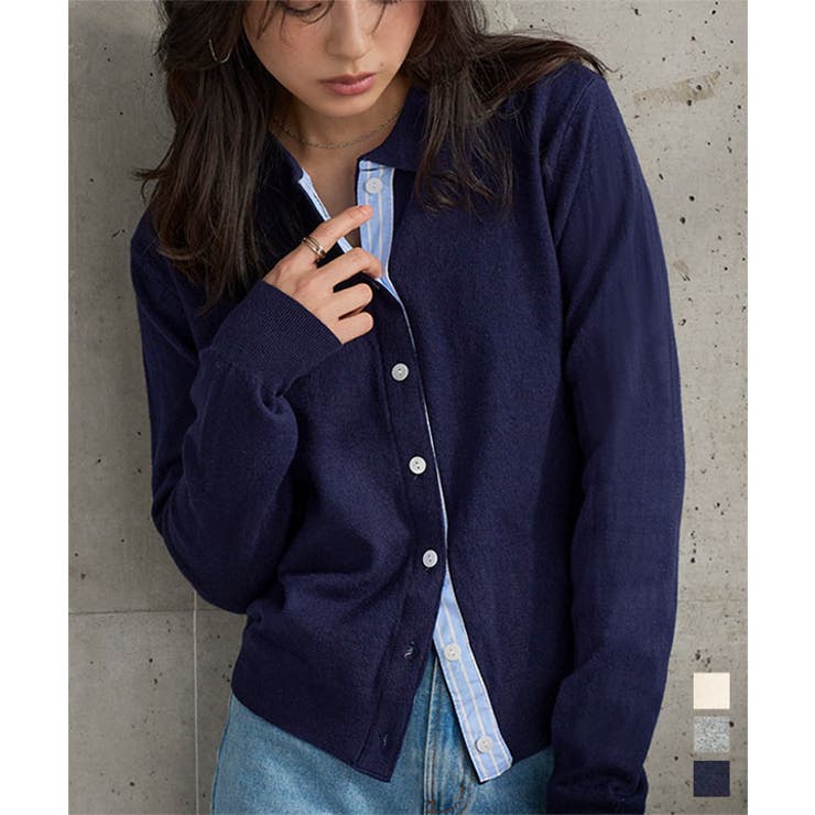 ストライプ切替ポロニットカーディガン［N1335］ ポロニット カーディガン | KOBE LETTUCE | 詳細画像1 