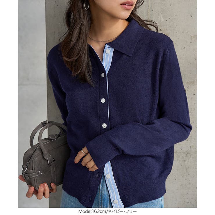 ストライプ切替ポロニットカーディガン［N1335］ ポロニット カーディガン | KOBE LETTUCE | 詳細画像3 