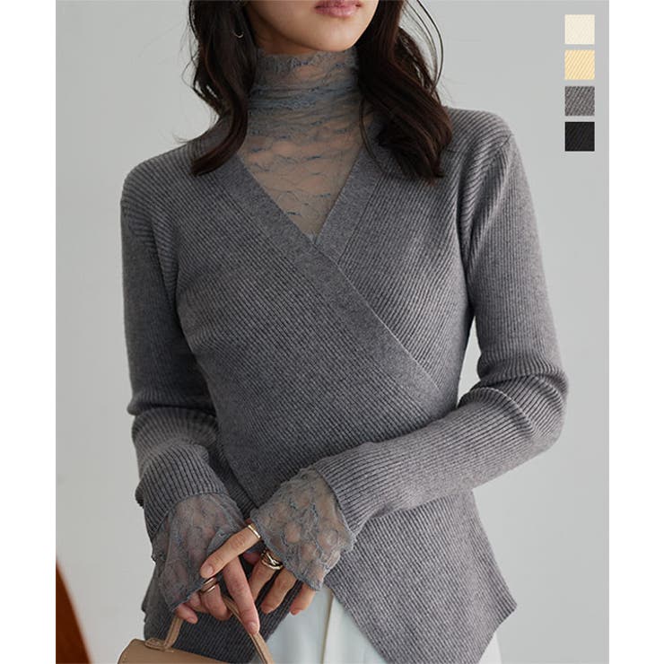 レースレイヤードカシュクールニットトップス［N1341］ ニット カシュクール | KOBE LETTUCE | 詳細画像1 