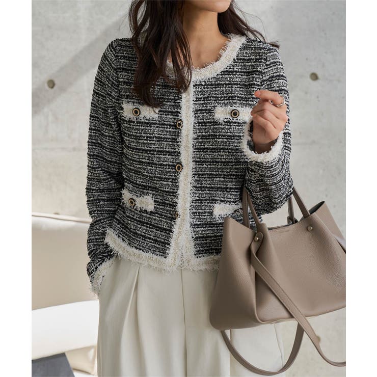 ブラック | 丸首ストレッチツイードジャケット［K1436］ | KOBE LETTUCE