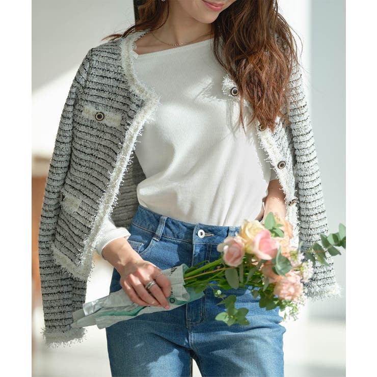 ホワイト | 丸首ストレッチツイードジャケット［K1436］ | KOBE LETTUCE