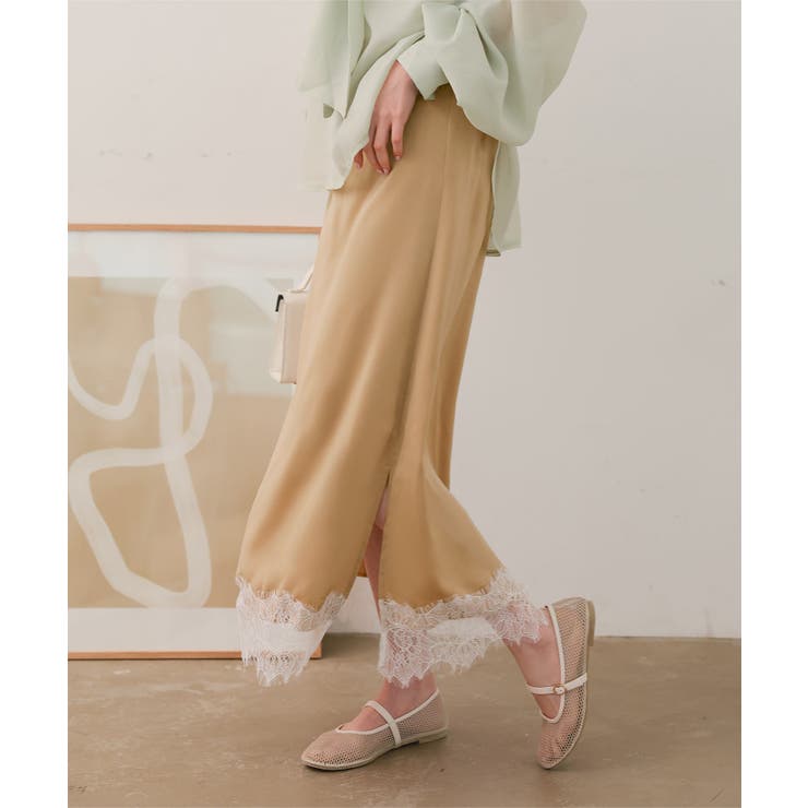 ベージュ | 選べる2タイプミディorロング裾レースサテンスカート［M4360］ 裾レース サ… | KOBE LETTUCE