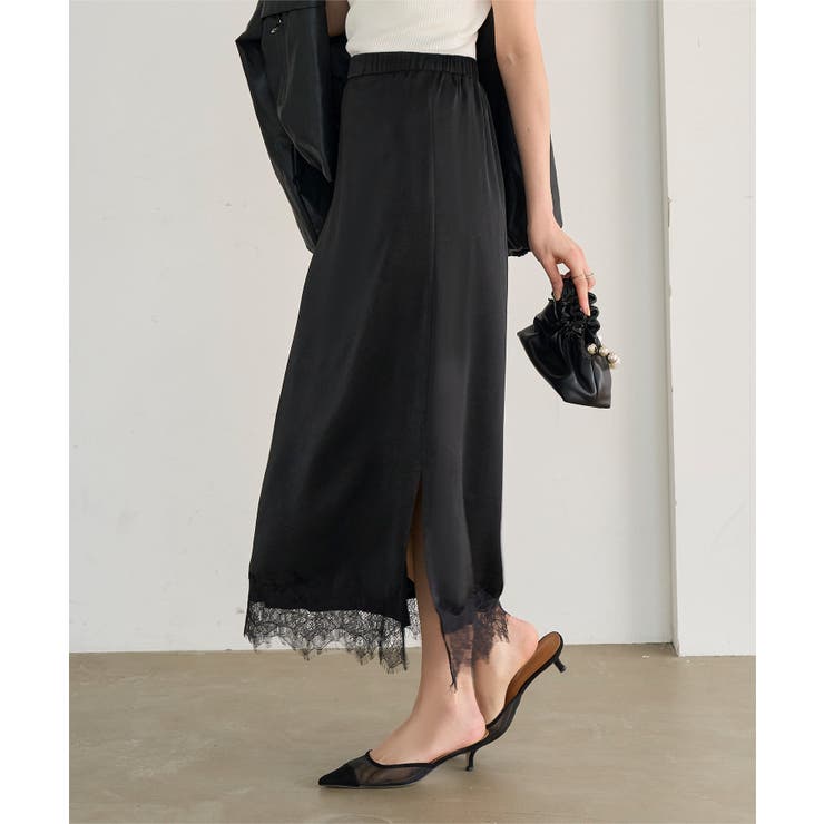 ブラック | 選べる2タイプミディorロング裾レースサテンスカート［M4360］ 裾レース サ… | KOBE LETTUCE