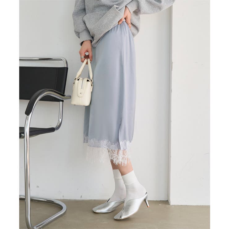 サックス | 選べる2タイプミディorロング裾レースサテンスカート［M4360］ 裾レース サ… | KOBE LETTUCE