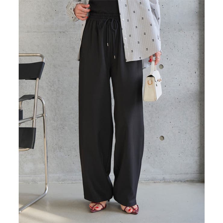 ブラック | 選べるサイズ 防シワウエストゴムワイドパンツ［M4366］ シワになりにくい | KOBE LETTUCE