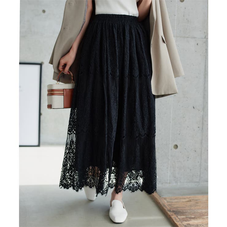 ブラック | 総レースフレアマキシスカート［M4400］ 総レース フレアスカート | KOBE LETTUCE