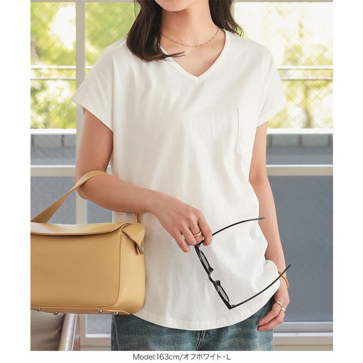 [MLXL汗じみ防止＆UVカット]ポケット付きVネックTシャツ［C7575］