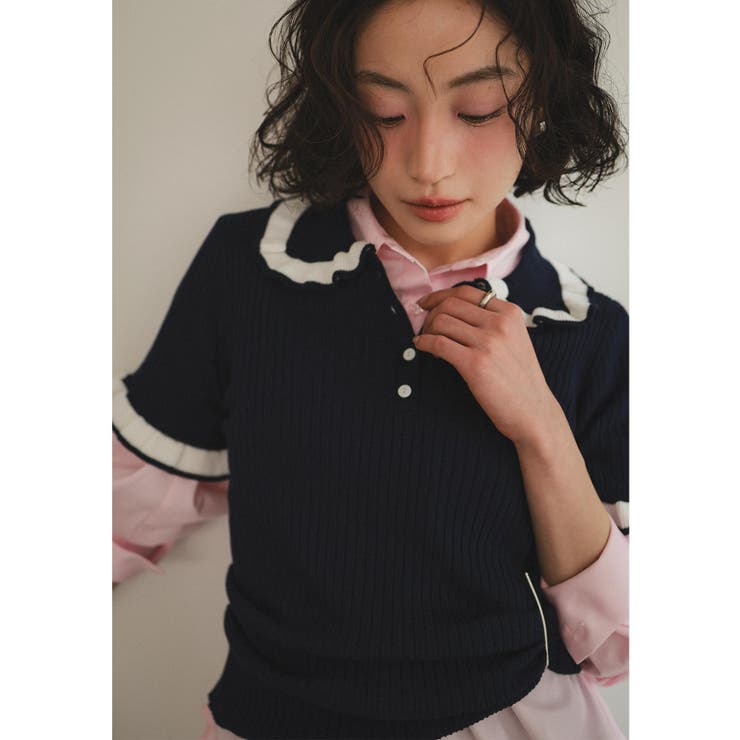 ネイビー | ピコレースポロニットトップス［N1270］ ポロニット トップス | KOBE LETTUCE