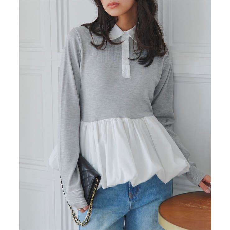 グレー | バルーンドッキングニットポロ［N1314］ ペプラムトップス ニット | KOBE LETTUCE