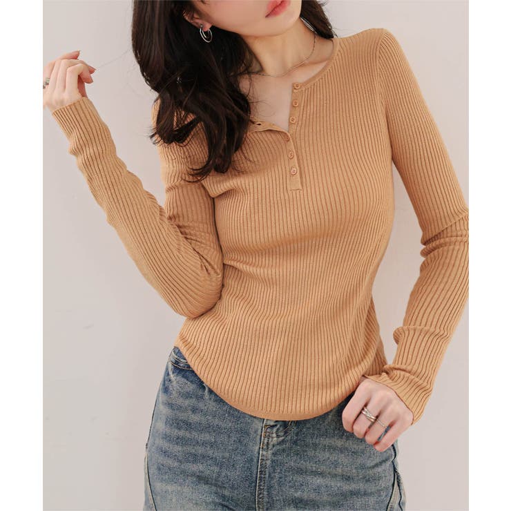 サンドベージュ | ヘンリーネックリブニットトップス［N1321］ | KOBE LETTUCE