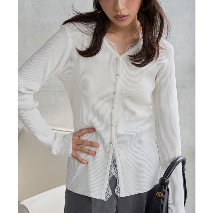 ホワイト | レースリブニットカーディガン［N1332］ | KOBE LETTUCE