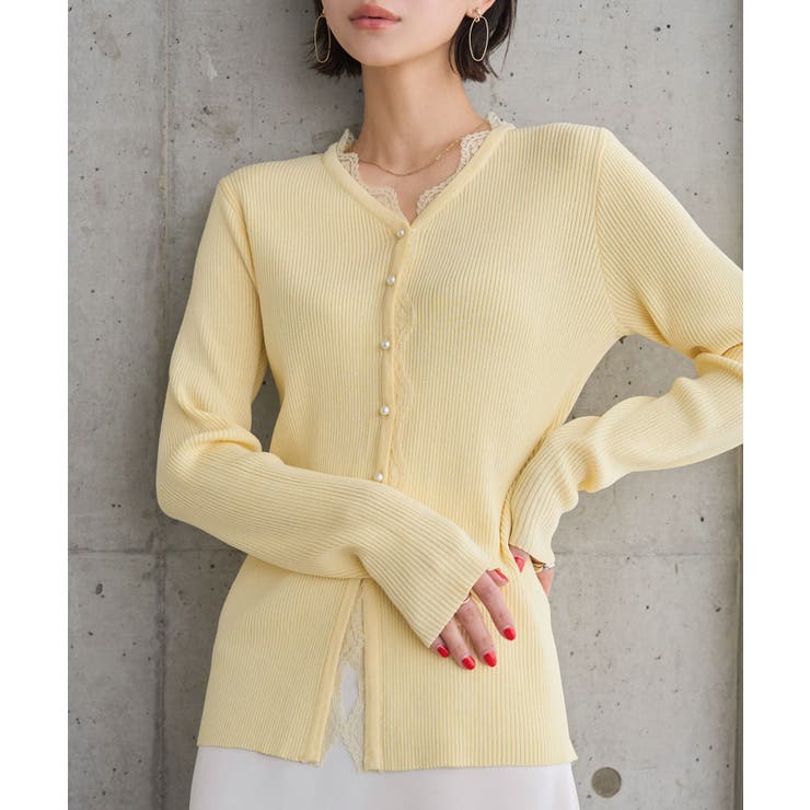 イエロー | レースリブニットカーディガン［N1332］ | KOBE LETTUCE