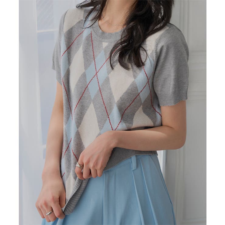 グレー | アーガイル半袖ニットトップス［N1345］ アーガイル 半袖 | KOBE LETTUCE