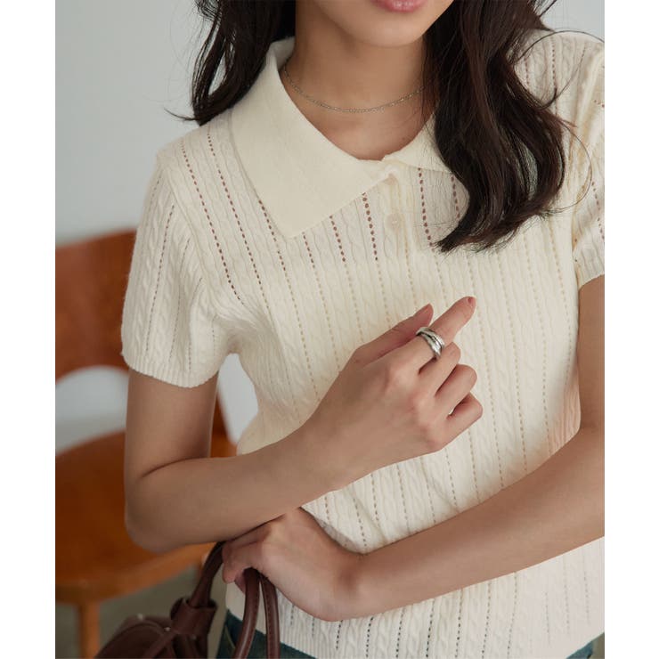 アイボリー | アイレットケーブルニットポロトップス［N1346］ 半袖 ポロニット | KOBE LETTUCE