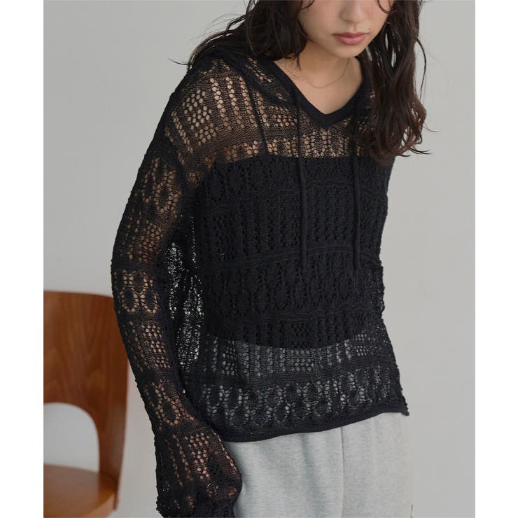 ブラック | 透かし編みフーディトップス［N1349］ 透かし編み フーディ | KOBE LETTUCE