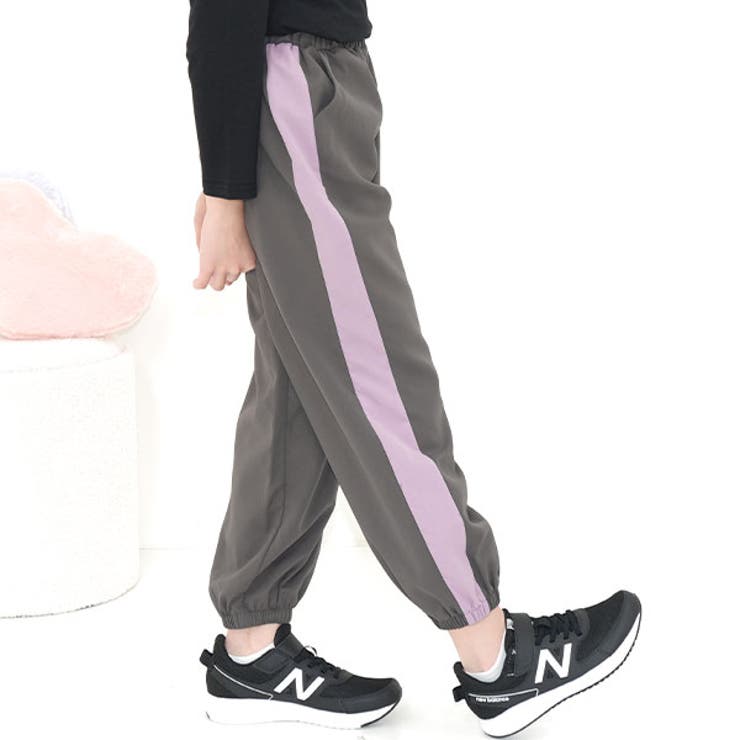 チャコール×ラベンダー太ライン | カーゴパンツ パラシュートパンツ ポケット | 子供服Bee