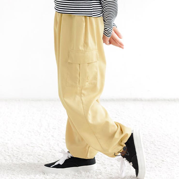 ベージュ×裾口ドローコード | カーゴパンツ パラシュートパンツ ポケット | 子供服Bee