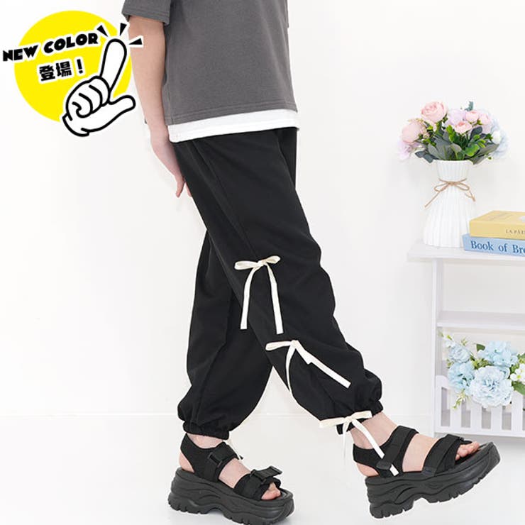 ブラック×3連リボン | カーゴパンツ パラシュートパンツ ポケット | 子供服Bee