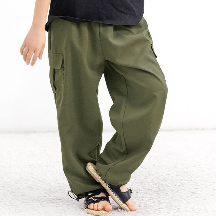 ダークカーキ×裾口ドローコード | カーゴパンツ パラシュートパンツ ポケット | 子供服Bee