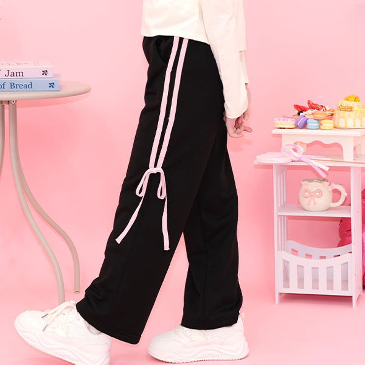 ブラック×ピンクライン | サイドラインパンツ ポケット リボン | 子供服Bee
