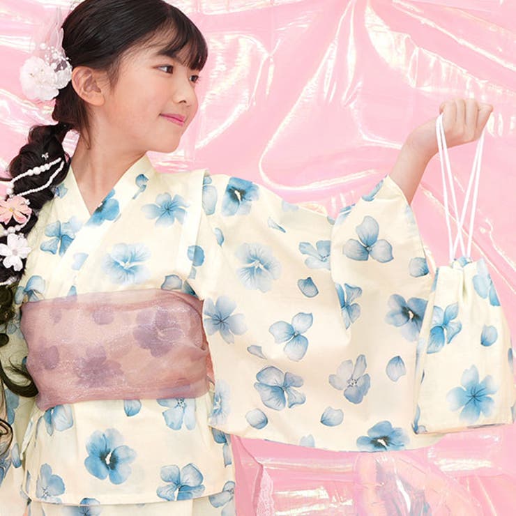 アイボリー×ブルー花柄 | 巾着 小物入れ キッズ ガールズ 女の子 夏 フリーサイズ F 韓国子供服 | 子供服Bee