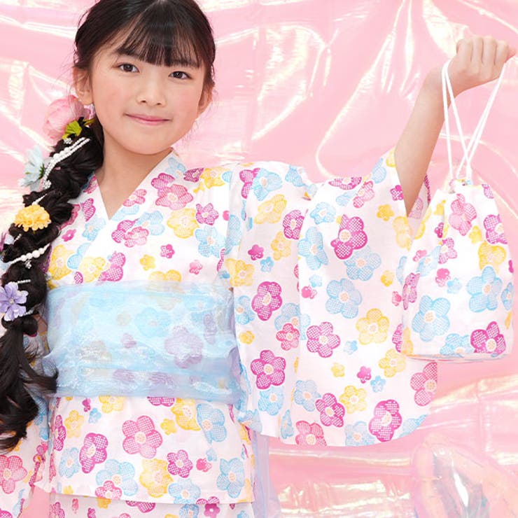 白地×カラフル花 | 巾着 小物入れ キッズ ガールズ 女の子 夏 フリーサイズ F 韓国子供服 | 子供服Bee