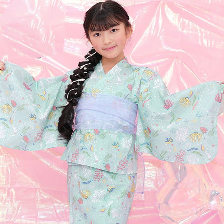 アクアグリーン×マリン | 浴衣3点セット 綿100％ 簡単 | 子供服Bee